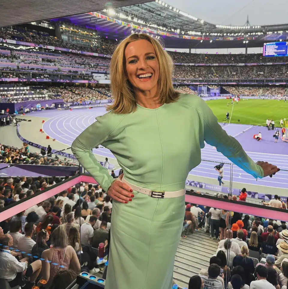 Gabby Logan wears a mint green Victoria Beckham dress in Paris – the only new wardrobe item she bought to present at this year's Olympics
