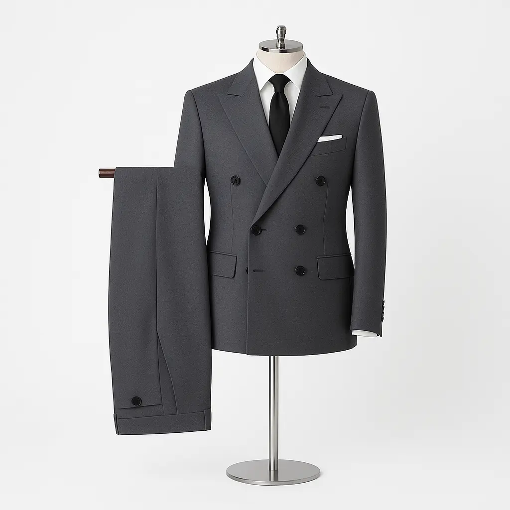 Double-breasted charcoal grey suit.