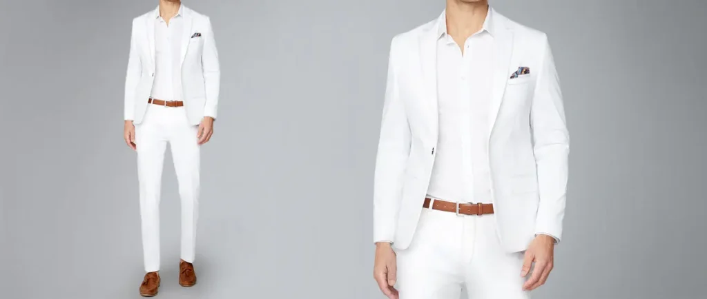 A white suit with a white shirt 