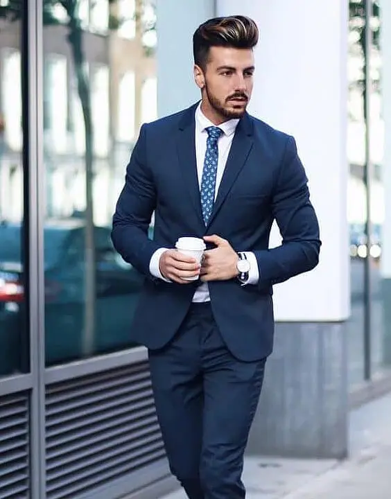 A navy blue suit with a white shirt