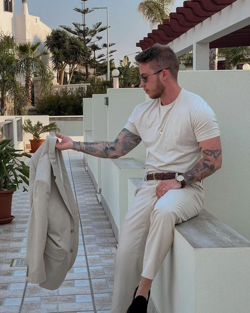 Relaxed yet refined outdoor wedding outfit