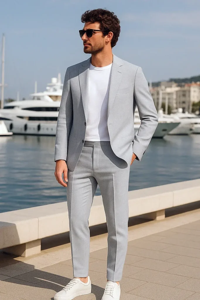 Grey Suit with white sneakers